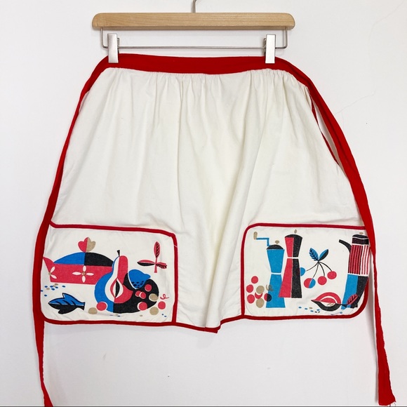 Vintage MCM hostess apron mini apron cream red